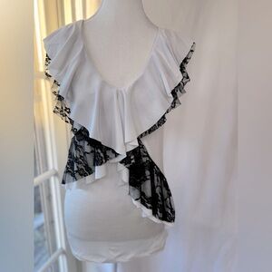 White and Black Lace Ruffle Top